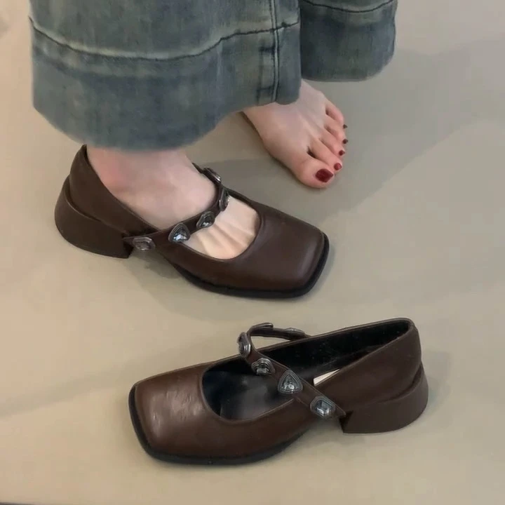 ALQR-987-456法式高跟水钻玛丽珍鞋单鞋女鞋2025方头英伦风小皮鞋