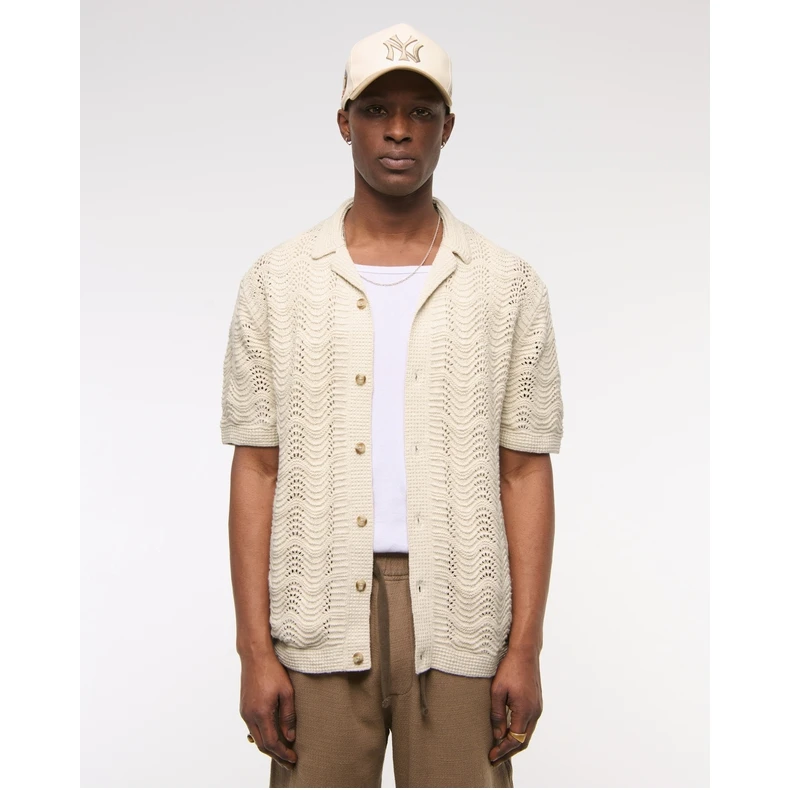 AF男装25夏海岛度假风镂空钩花肌理感短袖T恤开衫KI120-5096