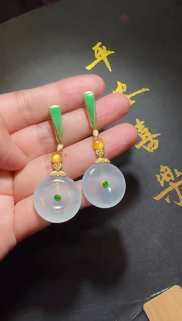 18K金镶嵌翡翠耳饰翡翠平安扣耳钉