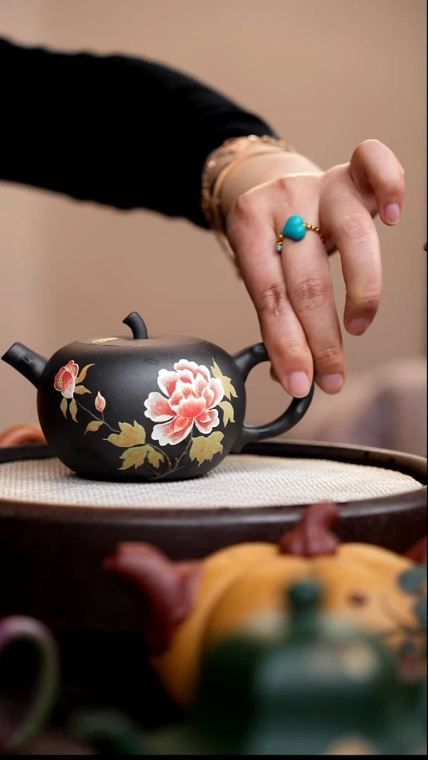 茶壶紫砂小*女云雾天青苹果壶泥绘花