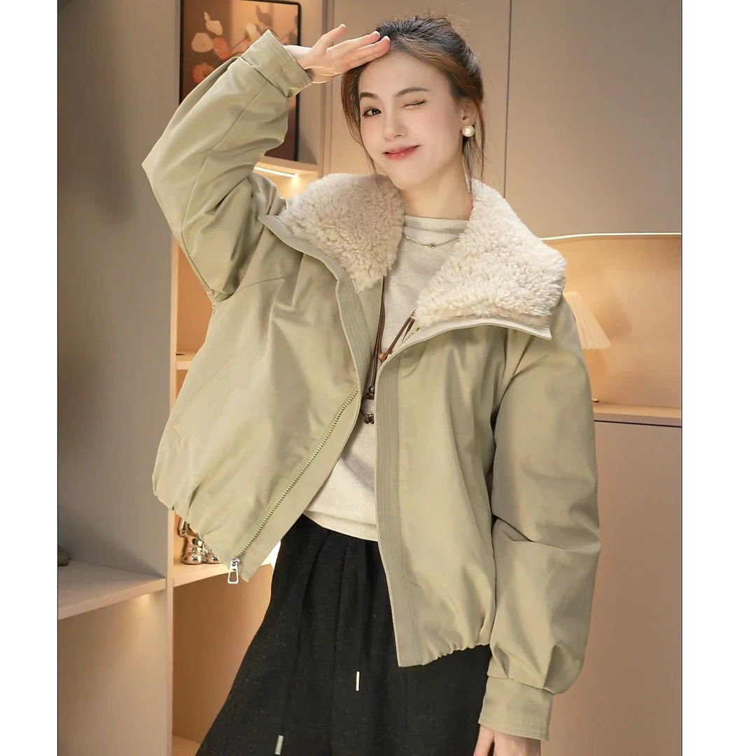 欧货仿羊羔毛翻领短款工装加绒加厚派克服外套女2025冬小个子夹克