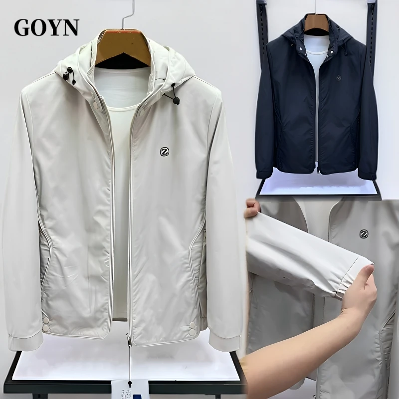 GOYN秋季2025修身时尚男士轻奢透气百搭简约男装连帽休闲夹克外套