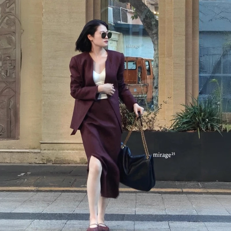 复古老钱风亚麻西装套装女2026春秋轻奢气质无领外套半身裙两件套