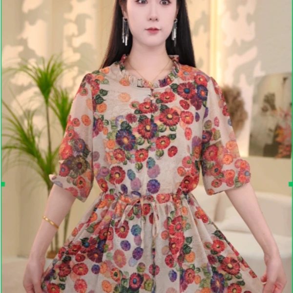 太阳花高端连衣裙高贵显瘦新款夏季中年妈妈装法式中长款-琳琳