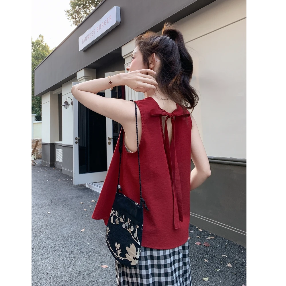 红色无袖露背背心格子女夏季减龄俏皮甜美漂亮气质时尚通勤小众