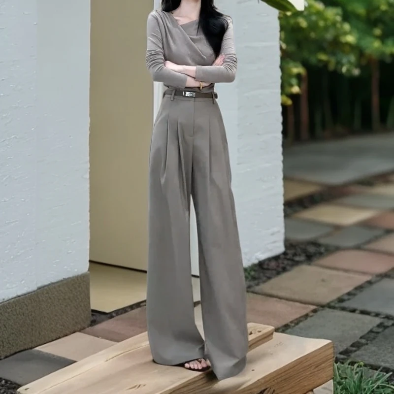 时尚套装2025年早秋穿搭一整套女不规则长袖T恤上衣阔腿裤两件套