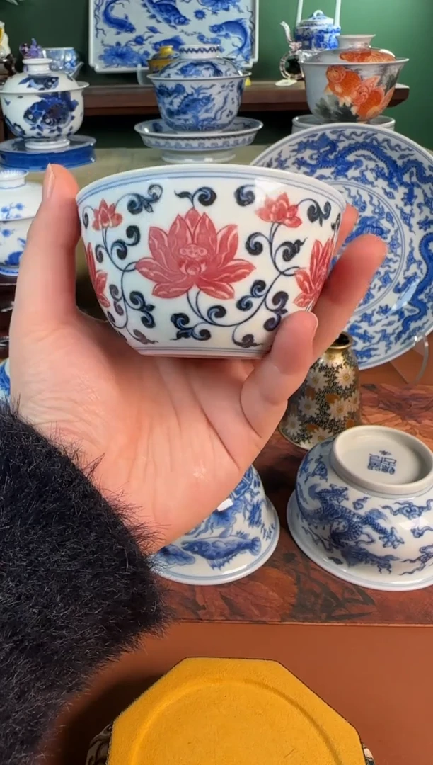 【闪购商品】杯勤义堂 满工青花釉里红花卉主人杯