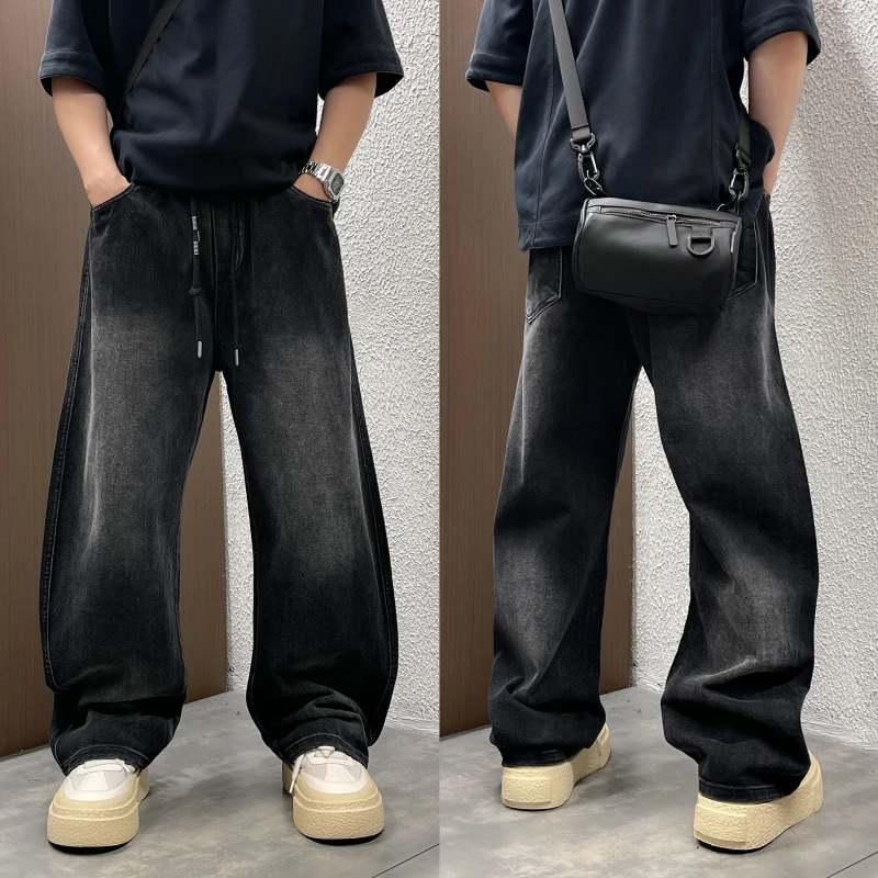 弯刀裤中腰长裤秋冬季宽松垂感直筒阔腿百搭复古做旧脏脏牛仔裤男