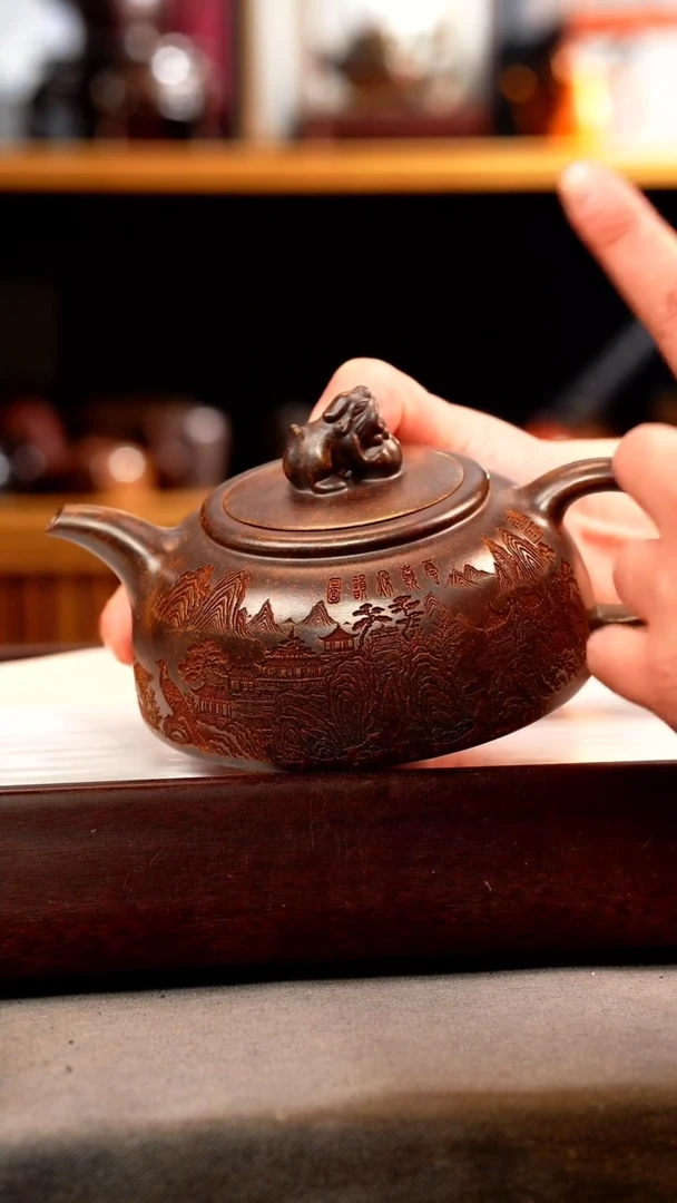茶壶紫砂龙骨金砂 兽钮半月 刻绘
