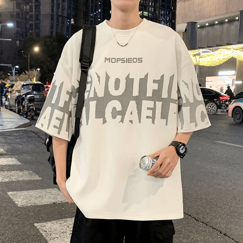 男士冰丝短袖T恤夏季薄款宽松圆领体恤男生印花透气上衣半袖潮流