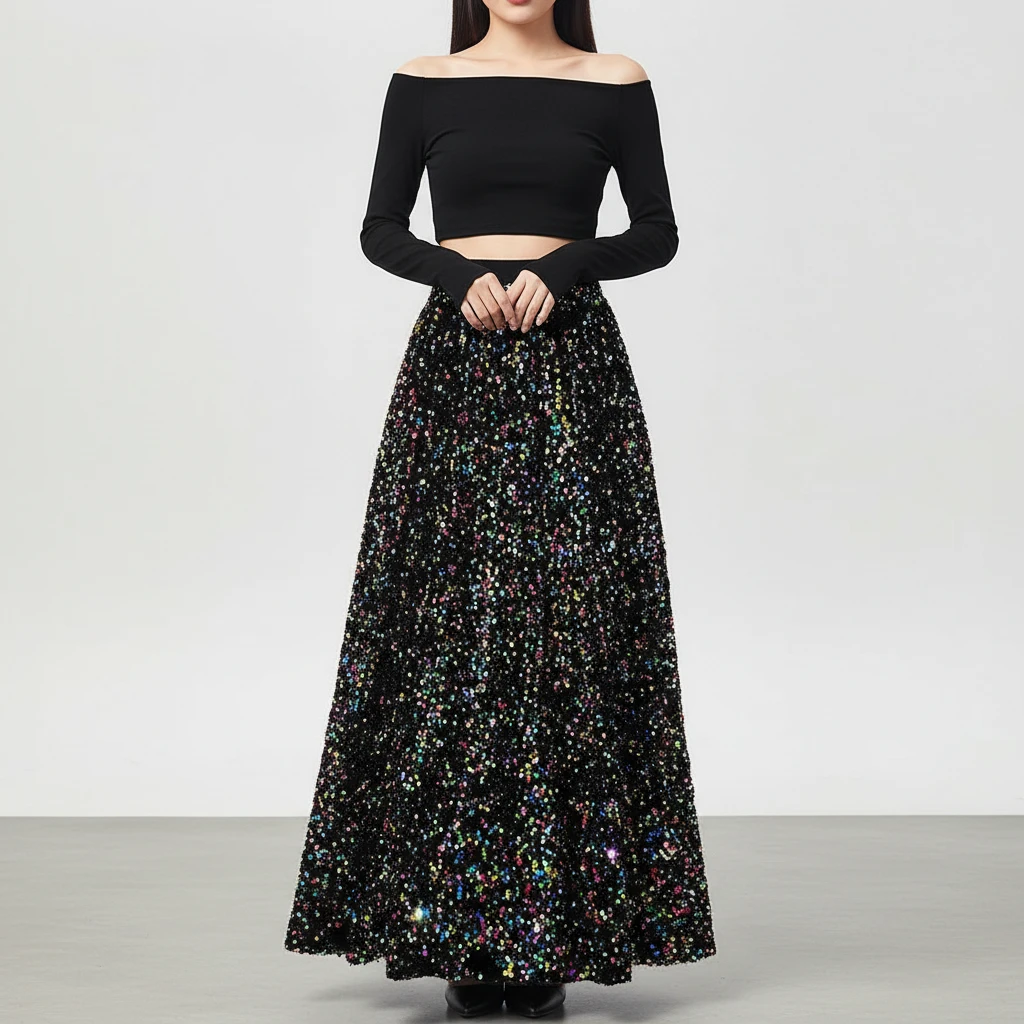 【4米大摆裙】冬丝绒大摆亮片裙洋气时尚百搭气质长款显瘦半身裙