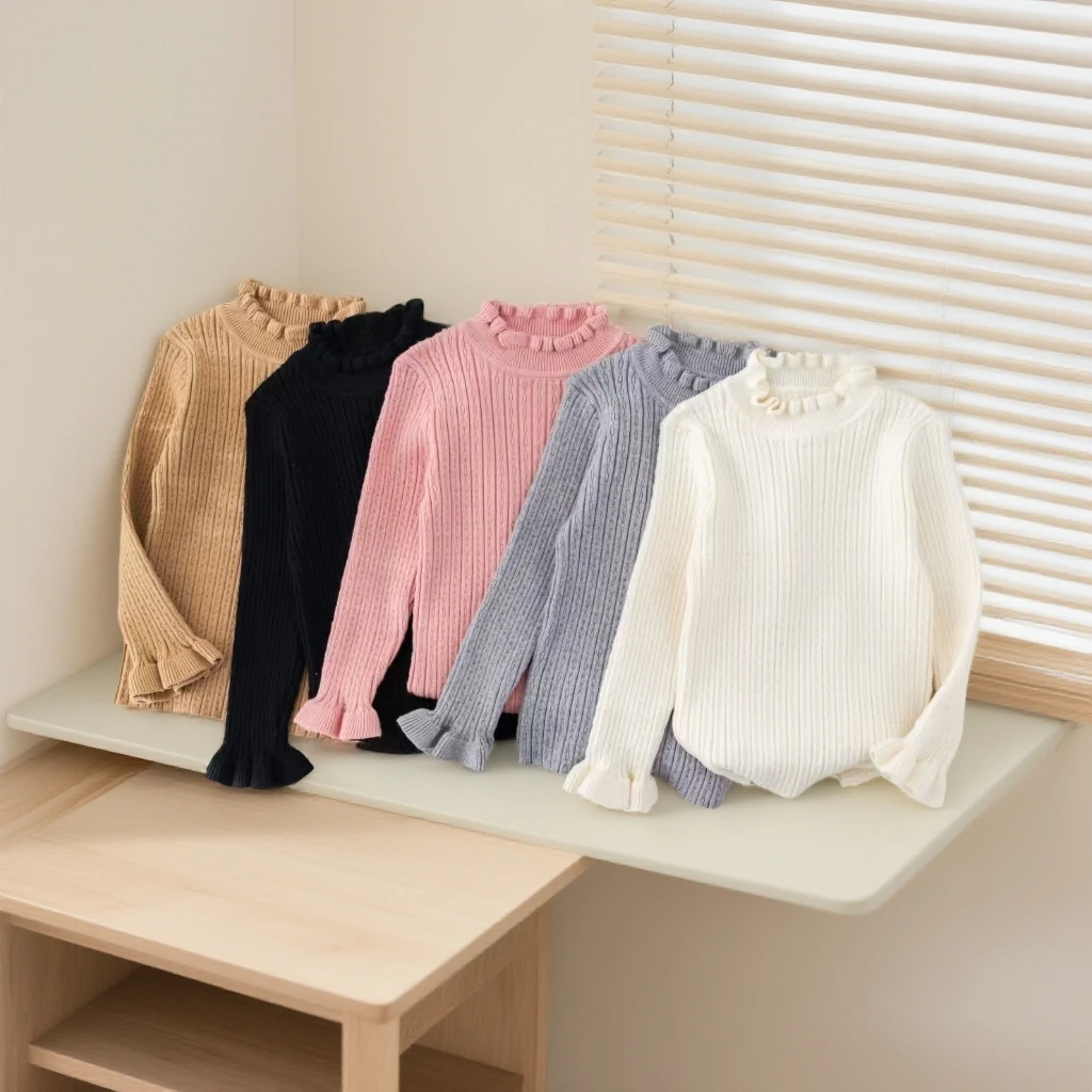 女宝休闲风毛衣儿童上衣针织衫套头女半高领木耳边长袖常规款套装