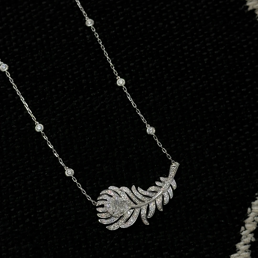 99新 Boucheron/宝诗龙 小花6珊 羽毛项链 白金 满钻链条镶钻