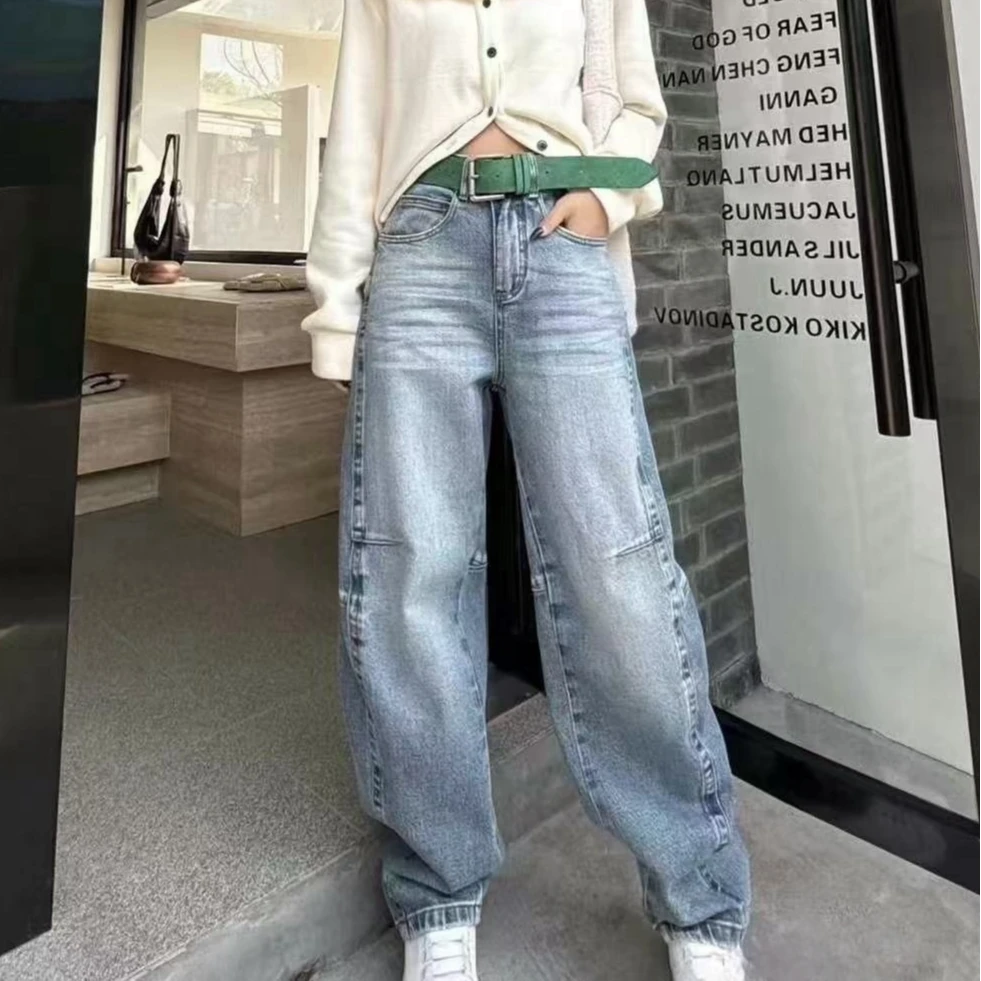 【裤博汇】春款新款欧式磨白浅蓝弯刀裤洋气宽松显瘦高腰牛仔裤