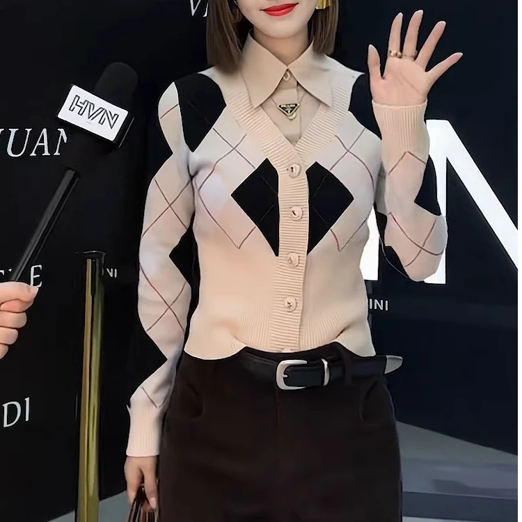 欧货洋气时髦撞色V领单排扣修身气质针织开衫女秋冬休闲针织上衣