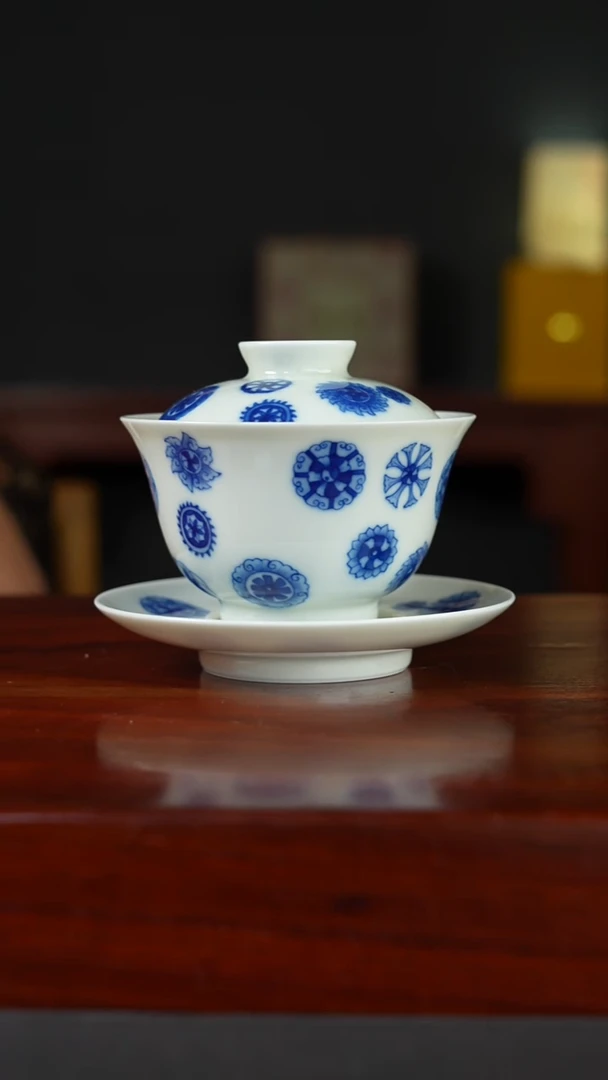 祖传窑真柴窑传承400年皮球花三才盖碗