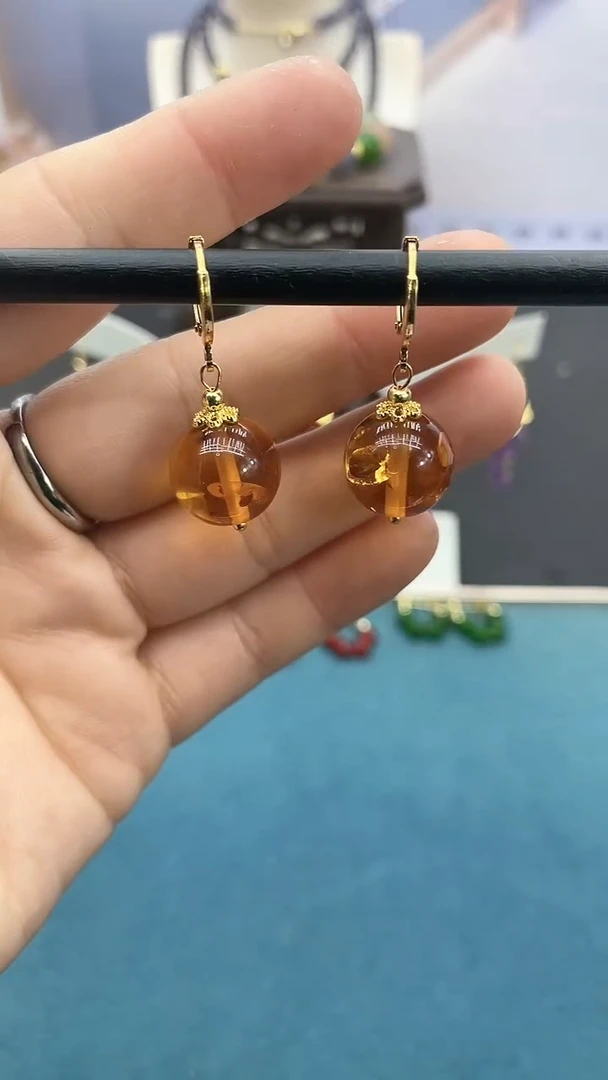 【闪购商品】琥珀耳饰14K金镶嵌花珀耳包