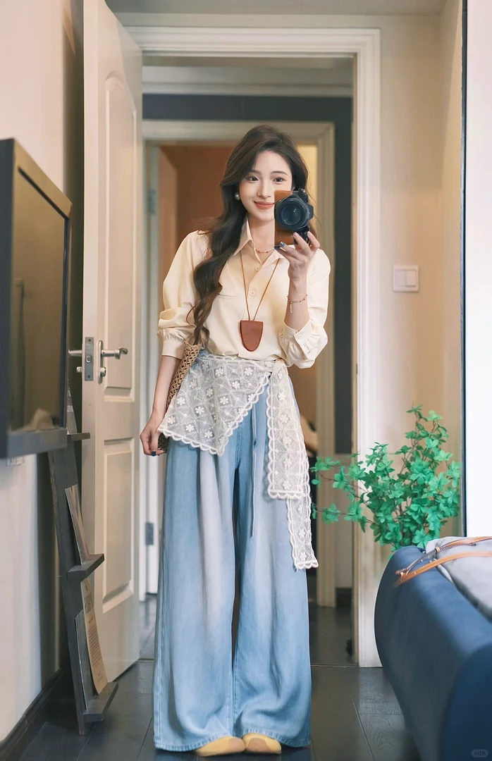 2025春夏新款法式蕾丝披肩黄色长袖衬衫女牛仔阔腿裤chic两件套装