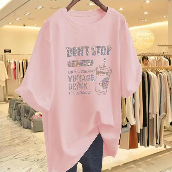 韩系重工烫钻圆领正肩短袖T恤女夏新款中长款网红洋气炸街ins上衣