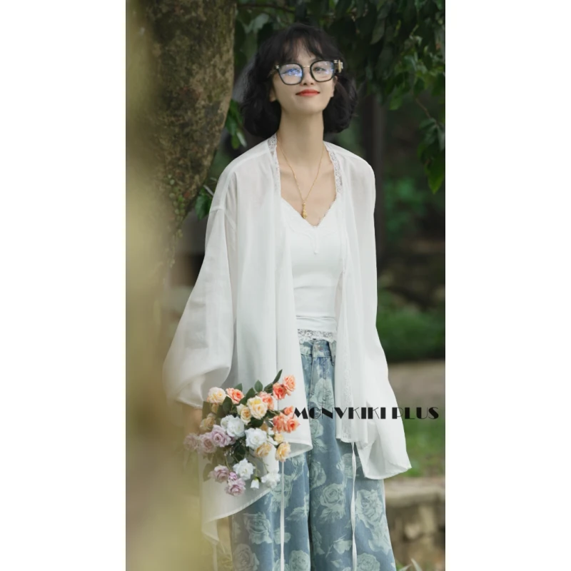 MoNvKiKiPlus2“夏夜烟火“大码微胖莱赛尔新中式蕾丝长袖衬衫#1302