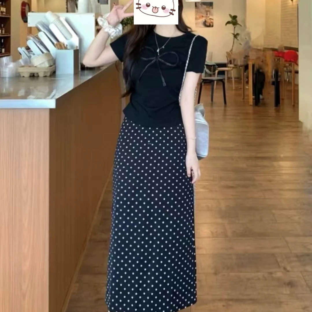 大码蝴蝶结正肩短袖上衣波点半身裙两件套女微胖mm夏装搭配一整套