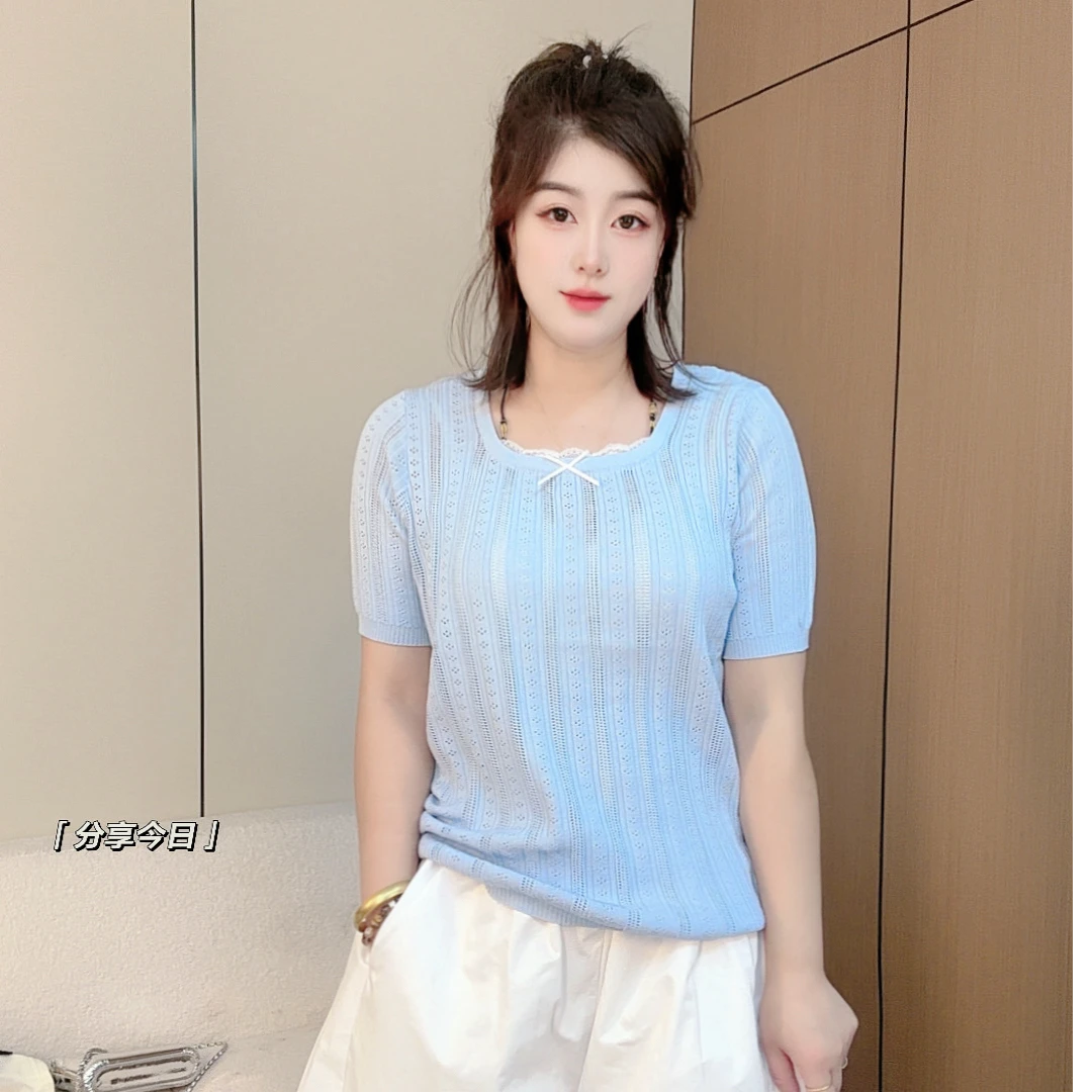 大码冰丝针织蕾丝拼接短袖T恤女气质百搭设计感上衣