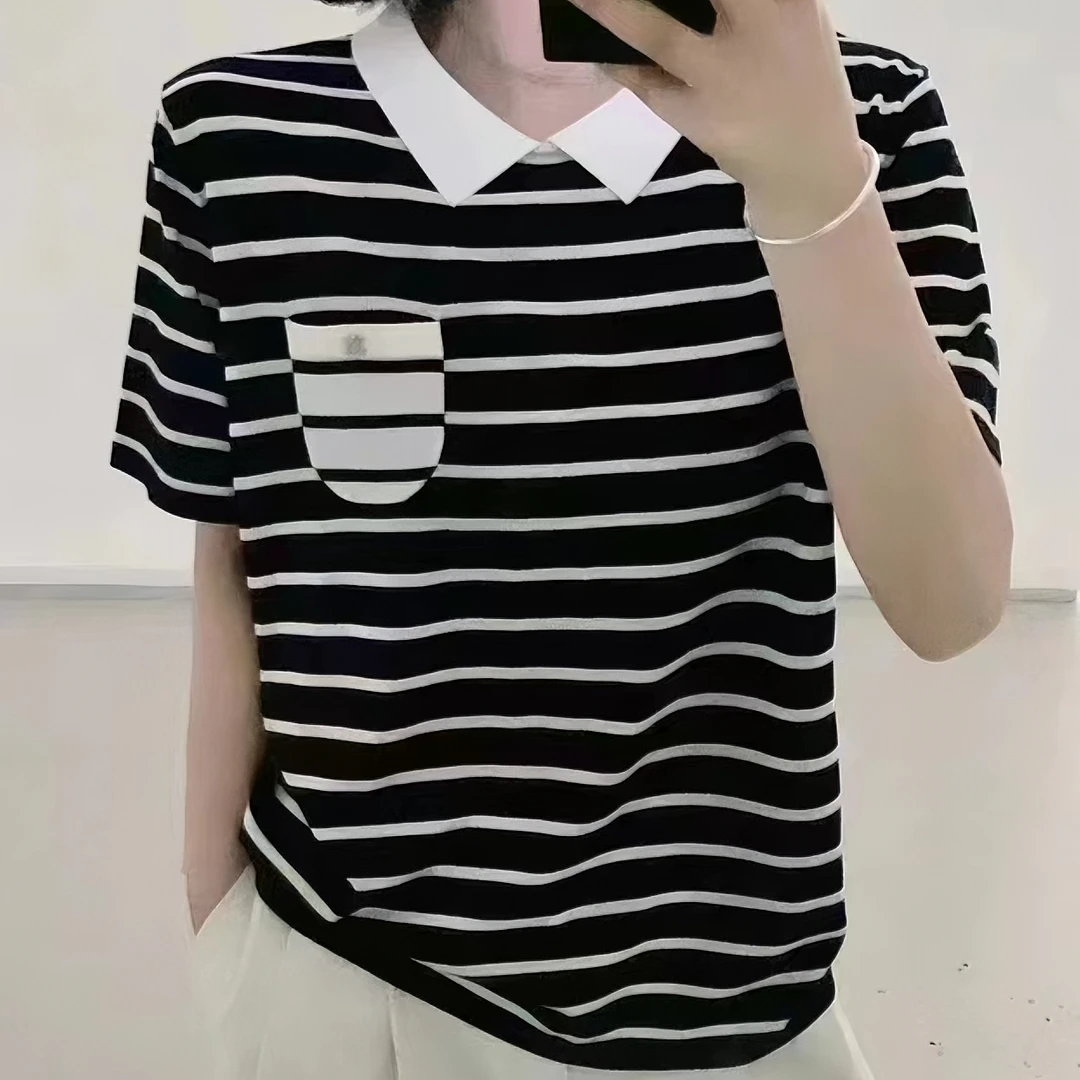 339#新款【莱赛尔 桑蚕丝】显瘦时尚休闲夏季薄条纹潮流宽松针织衫