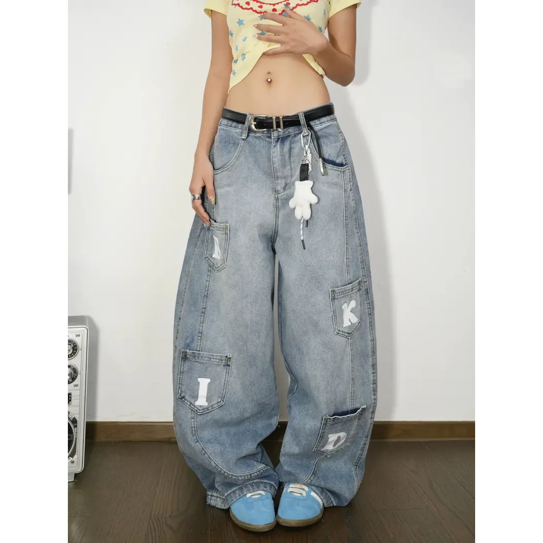 2025新款 美式复古水洗弯刀牛仔裤男女宽松垂感多口袋阔腿裤子