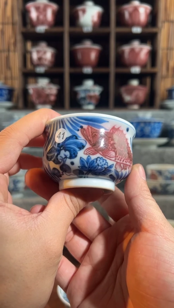 【闪购商品】41天禄言瓷鱼藻杯子青花釉里红