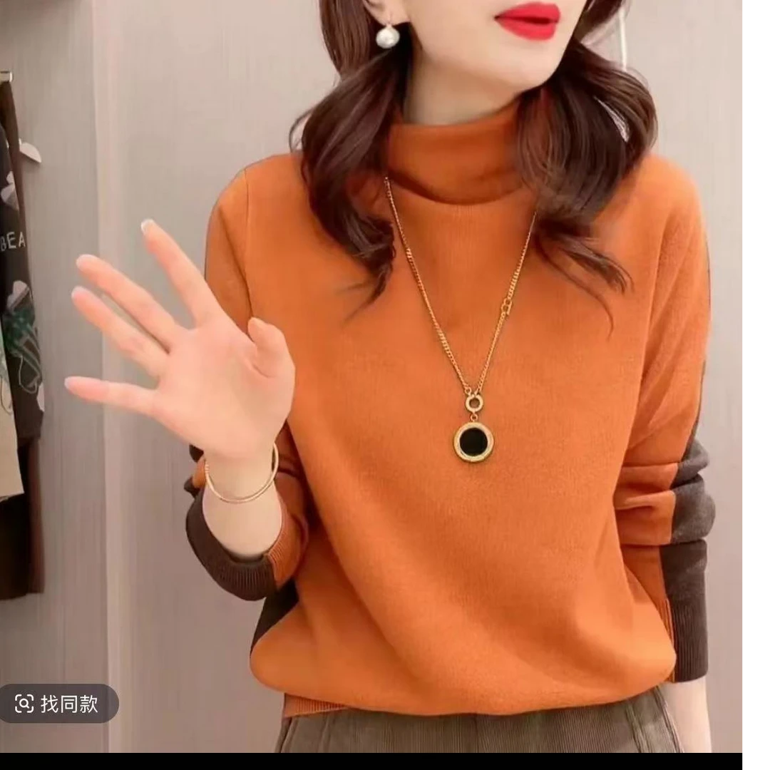 764.【咖橙两面穿】秋冬两面穿时尚减龄高领针织长袖针织衫毛衣