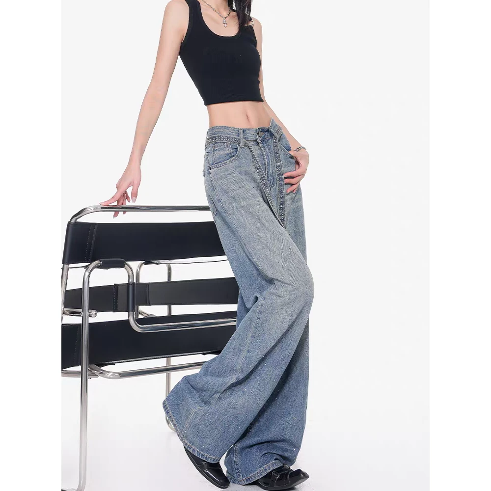 KEN STUDIO春夏新款蓝色满天星烫钻牛仔裤女高腰猫须宽松阔腿长裤