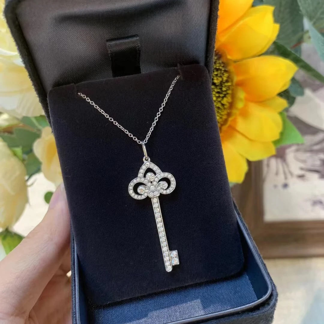 99新 Tiffany & Co./蒂芙尼 小花柳 铂金满钻鸢尾花钥匙项链
