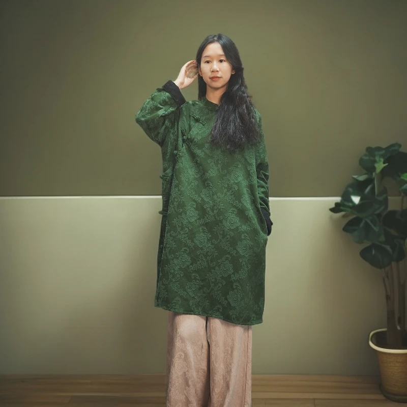 中长款盘扣亚麻提花上衣女 2025款春款棉麻提花大版衬衫袍子