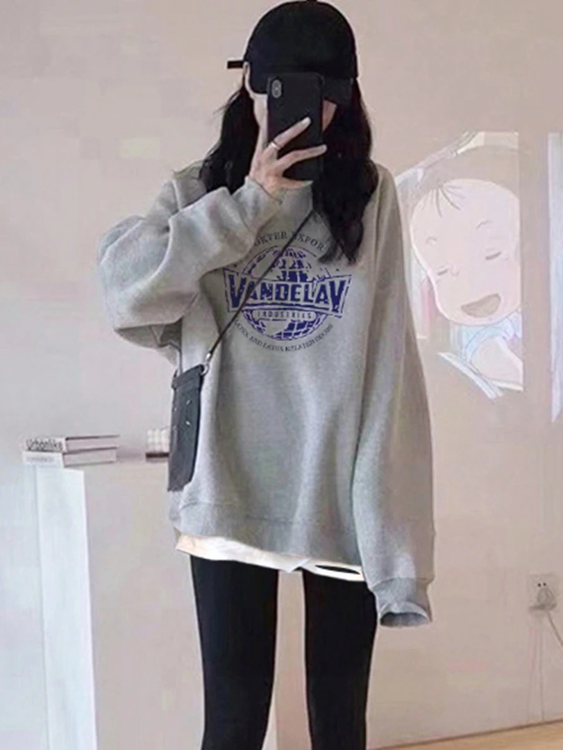 灰色潮牌圆领印花卫衣女春秋2025年新款欧货上衣外套休闲百搭