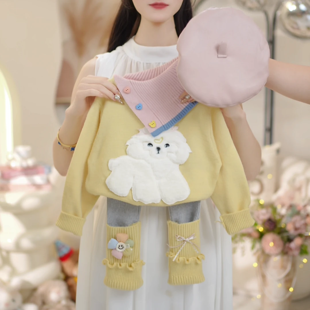 女童2025秋季新款斜领卡通毛衣打底裤套装C23781