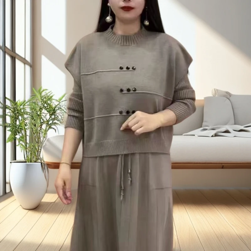 时尚秋冬洋气针织马甲连衣裙两件套显瘦新款毛衣气质长袖套装裙子