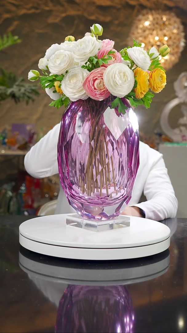 琉璃手工艺品果*金红色切面花瓶带底座