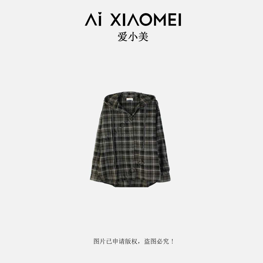 【小美的礼物】撞色格子连帽长袖衬衫外套宽松休闲百搭上衣SY-2327