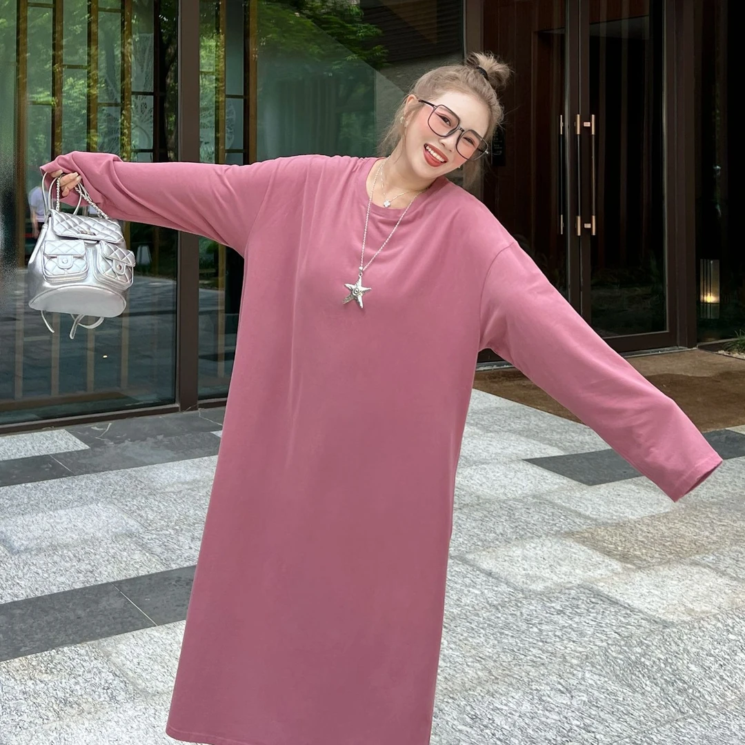 媛子大码简约纯色T恤裙时尚百搭宽松胖mm遮肉显瘦韩版连衣裙