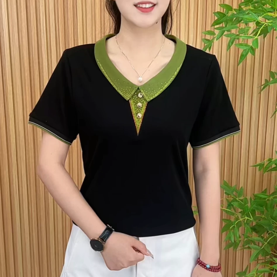 2025夏季时尚洋气新款简约烫钻百搭撞色气质休闲百搭短袖A8976