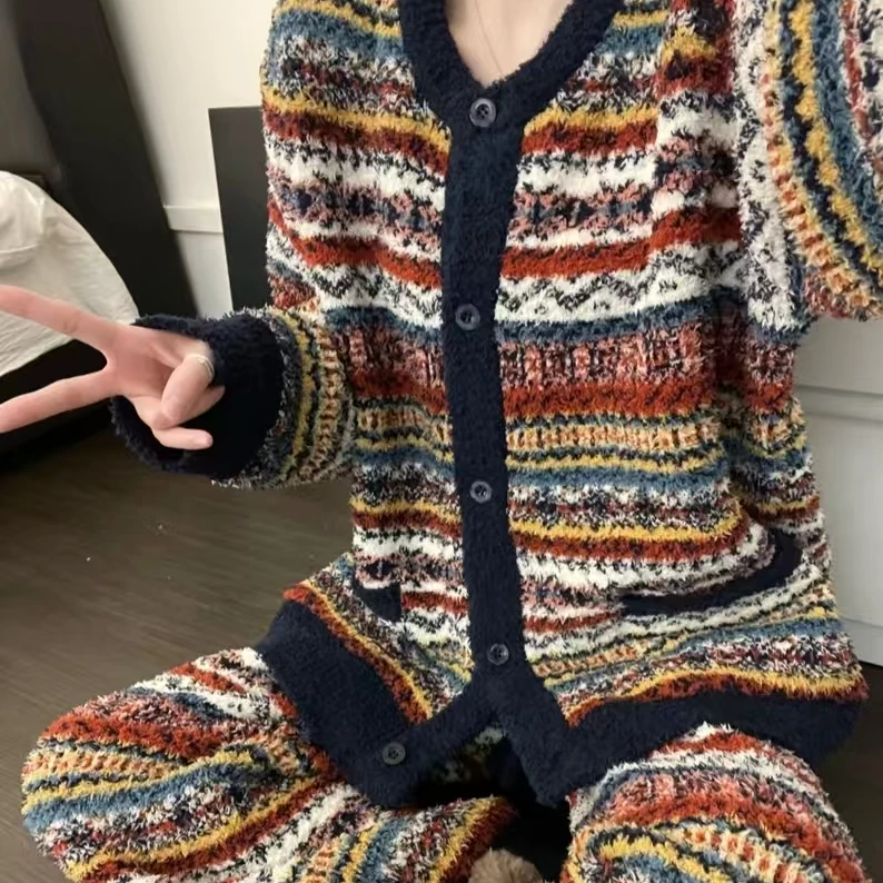 琥珀流光复古针织半边绒睡衣女秋冬加厚撞色毛衣外套家居服两件套