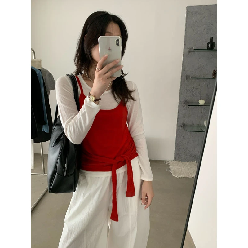 简约白色打底拼接撞色吊带收腰绑带假两件针织衫女上衣秋款G6-38