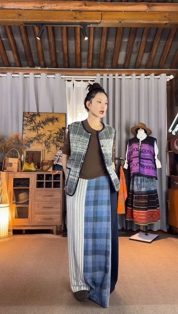 设计师款蓝白拼接裙裤