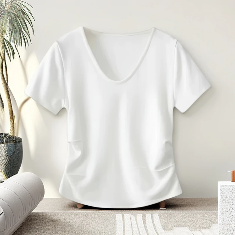 【JW】V圆领短袖高档t恤女夏季新款衣服褶皱收腰不规则下摆正肩女