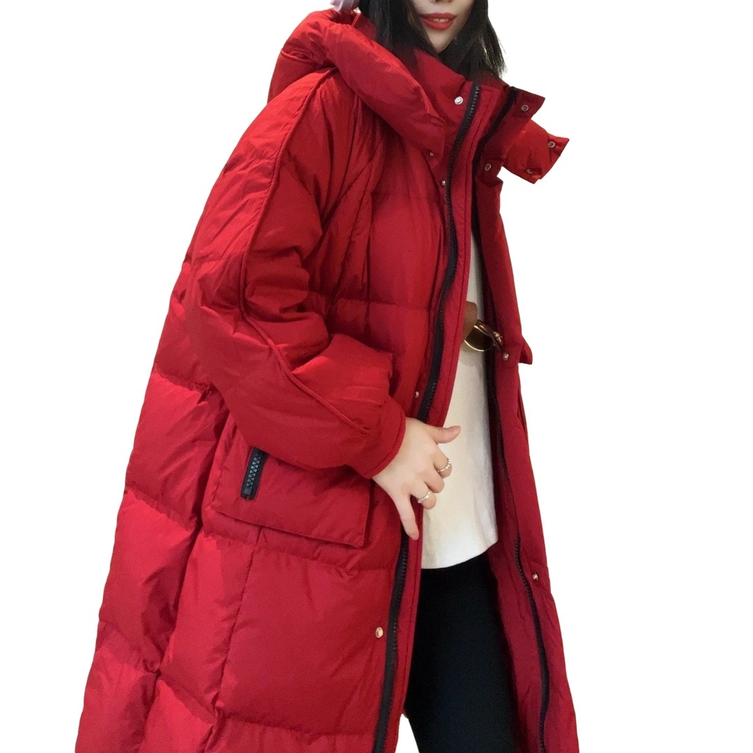 Zχ43长版大口袋拼色拉链连帽羽绒服