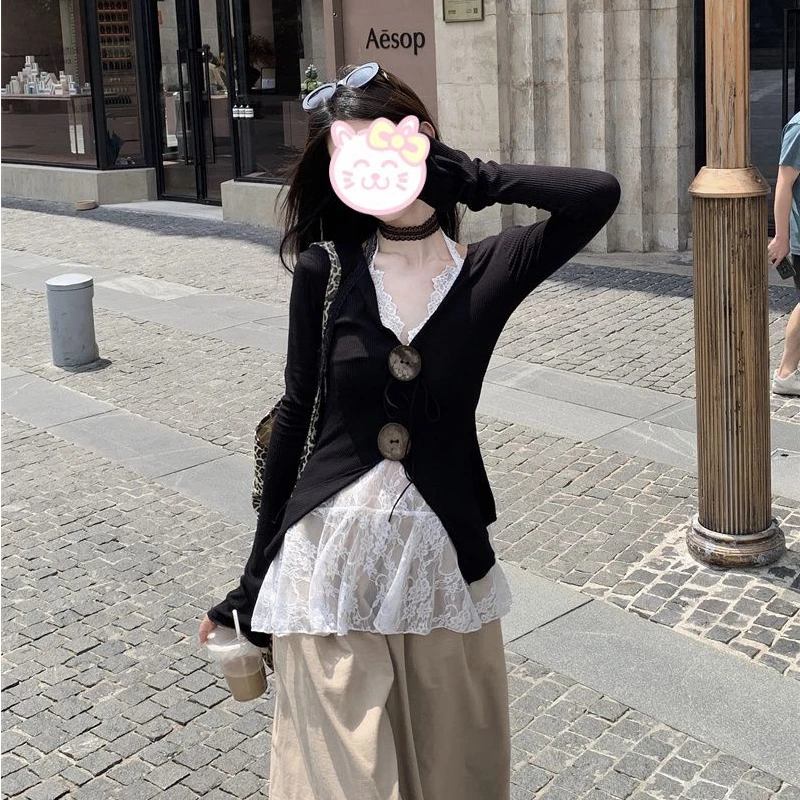 性感百搭修身显瘦V领长袖T恤女装早春设计感蕾丝边挂脖吊带两件套