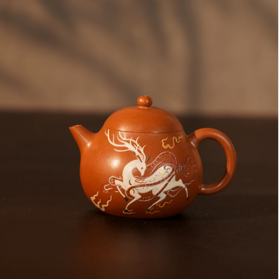 九色鹿壶原矿紫砂壶手工泥绘功夫茶具 150cc