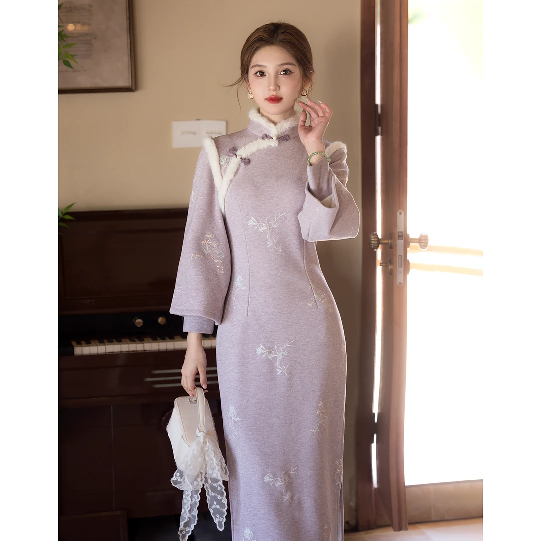 紫色素雅新中式冬款加绒旗袍2025年秋冬加厚年轻款长袖改良日常款