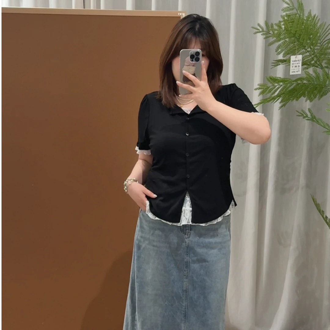 大码胖妹妹夏季新款显瘦韩系减龄半开领蕾丝拼接小收腰假两件T恤