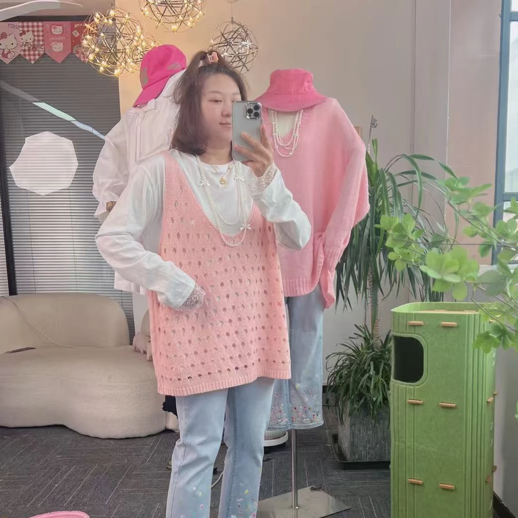 【纯熙+】早秋新款单件镂空针织毛衣马甲女韩版宽松百搭上衣